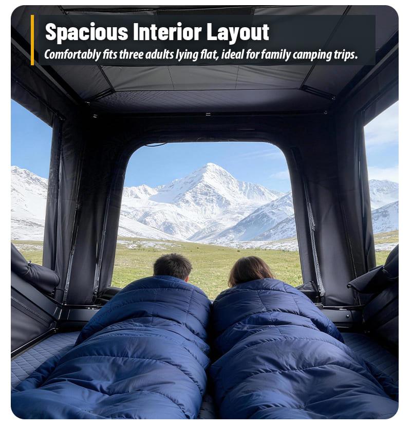 Spacious Interior LayoutComfortably fits three adults lying fiat, ideal for family camping trips