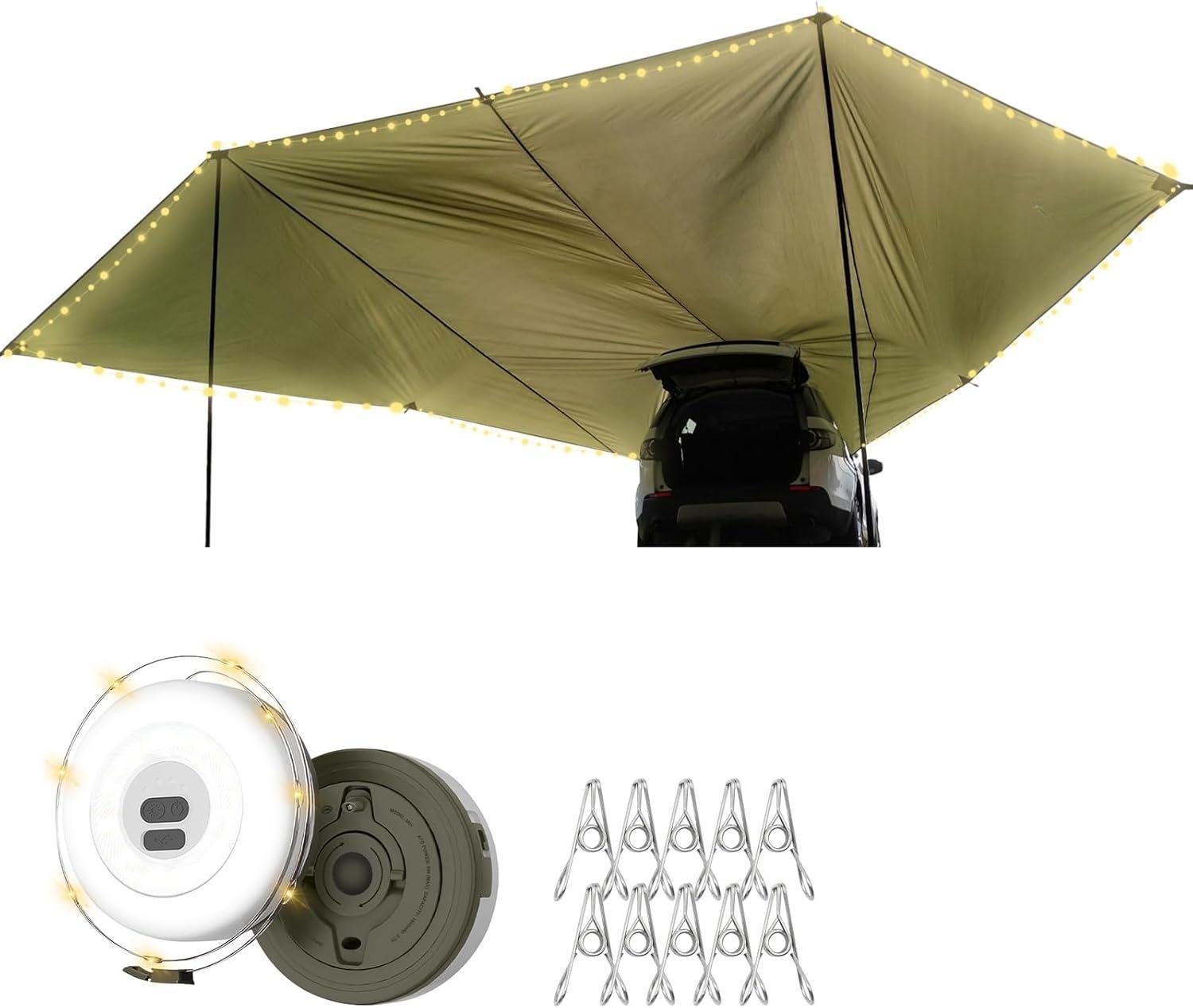 Multi-Function Rear Vehicle Awning & Shelter (20m²) - Green With String Lights