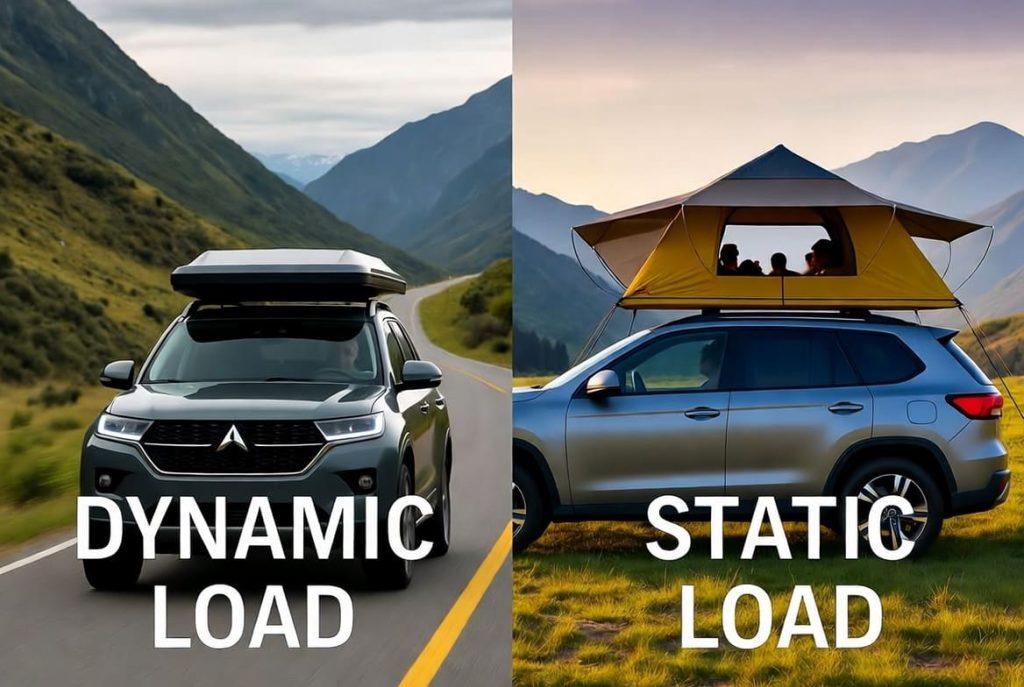 Illustration contrasting dynamic load (SUV driving with rooftop tent) and static load (tent deployed with people inside, parked).