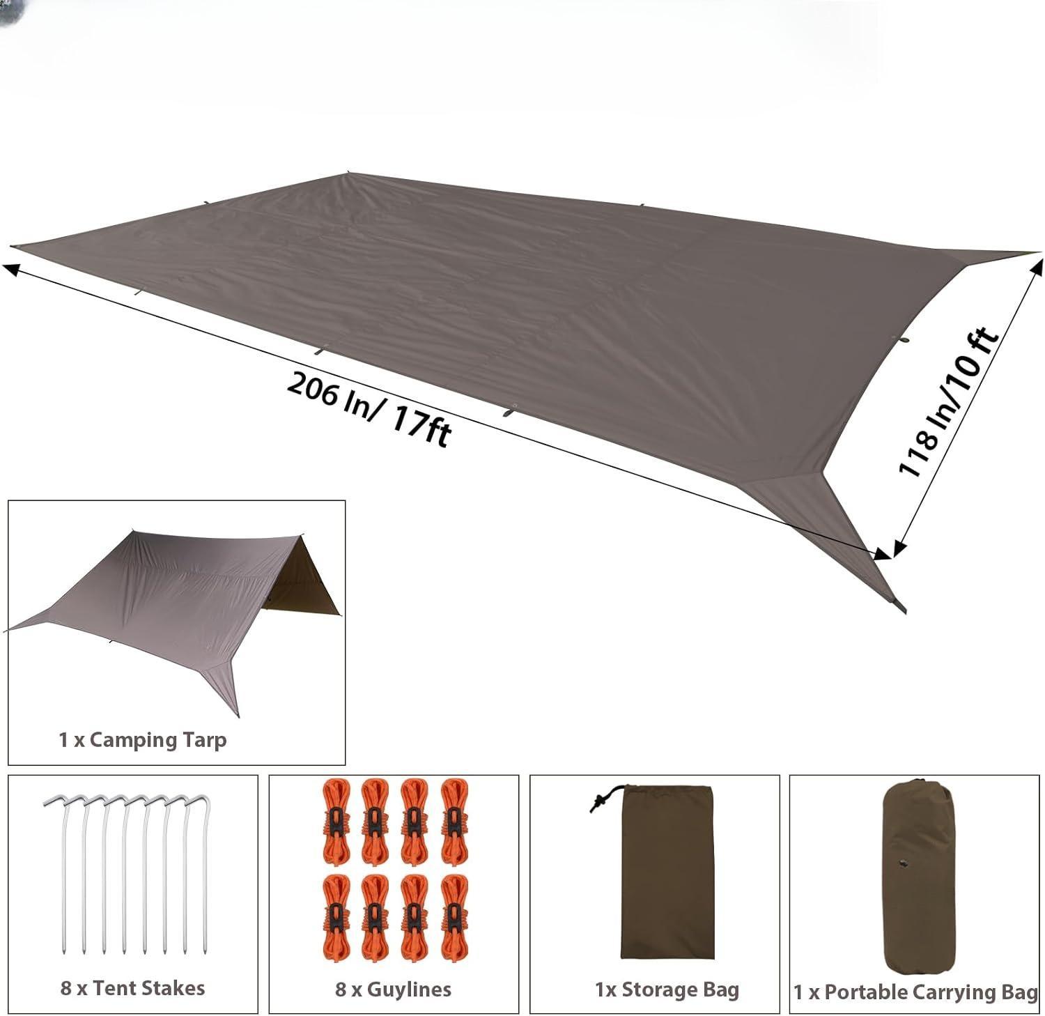 Oversized Waterproof Camping Tarp (17ft x 10ft) – Pine Cone Brown