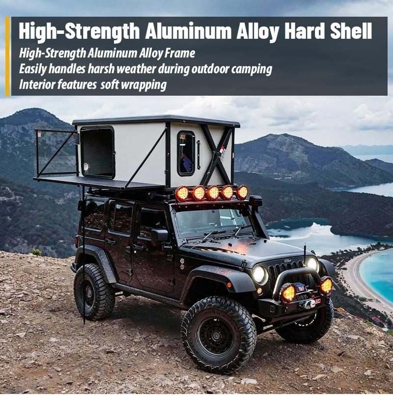Deployed electric hard shell roof top tent showing its high-strength aluminum alloy frame structure mounted on a Jeep for overlanding.