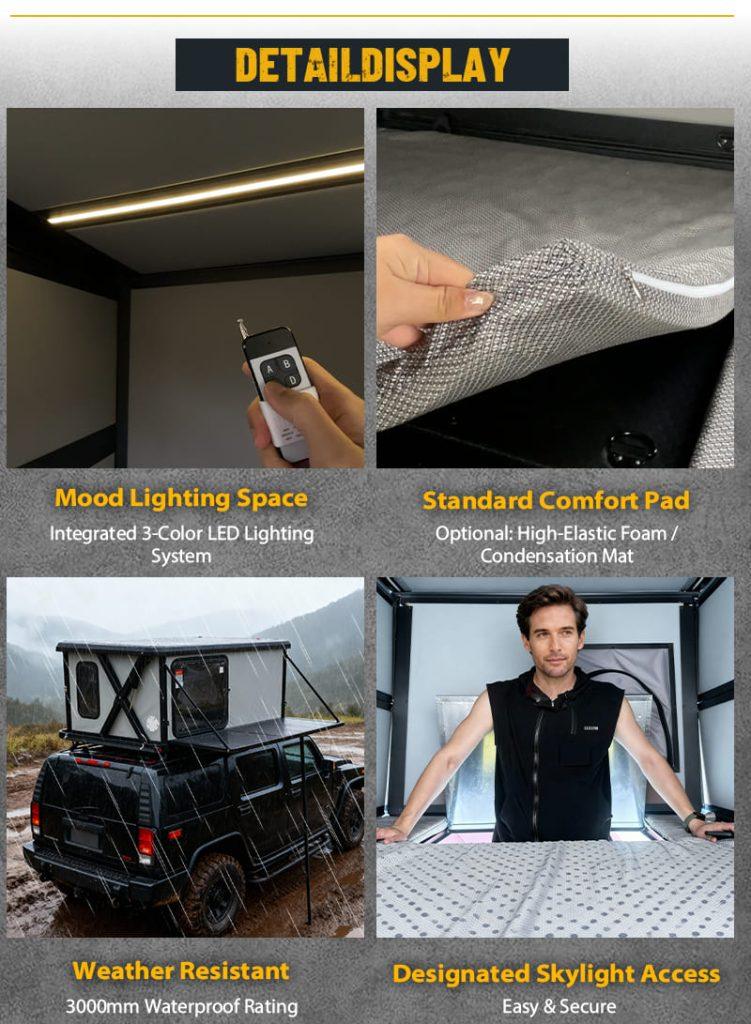 Collage of premium features including 3-color LED lighting, high-density memory foam mattress, PU3000mm waterproof fabric, and panoramic skylight view