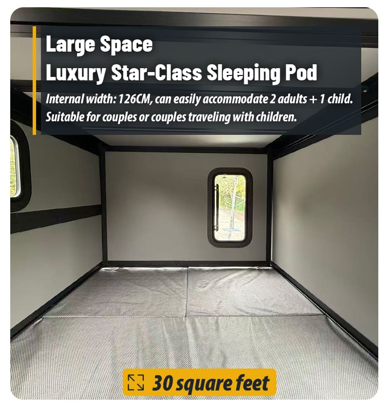 View of the spacious interior layout of the electric hard shell RTT, showing sleeping space and comfortable mattress