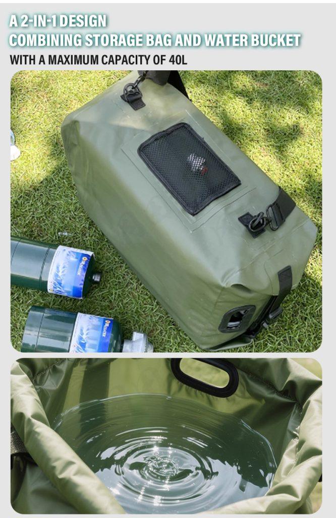 GWH-2 Knob-Adjustable Portable Gas Water Heater | 3L/min Compact Camping Shower with Integrated Storage 11 40L waterproof storage bag included with GWH-2, functioning as a water bucket for the portable shower pump.