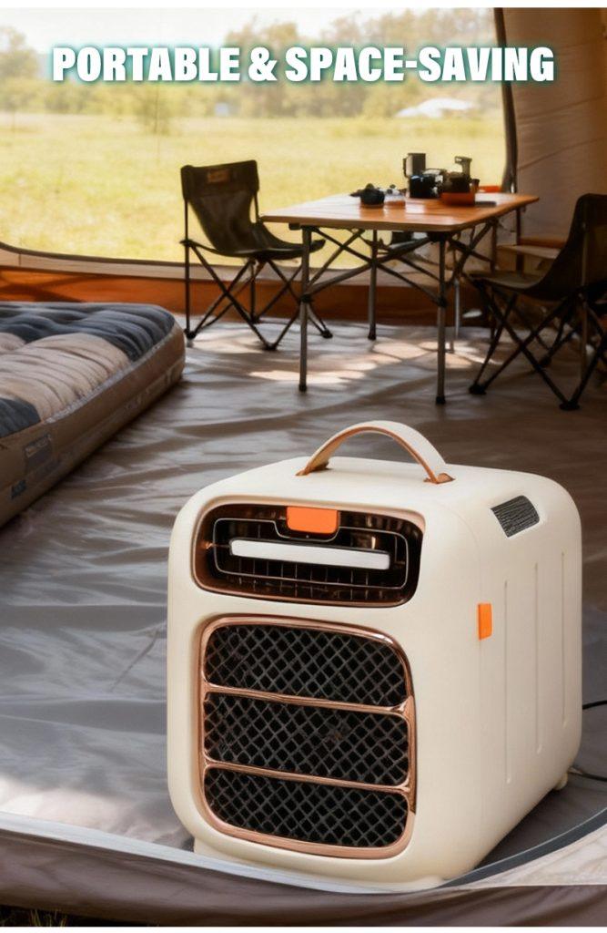 AC3 All-Season Portable Air Conditioner | 4800 BTU Cooling & Heating Unit (4-in-1) 9 AC3 portable air conditioner placed inside a tent, demonstrating compact size and space-saving design