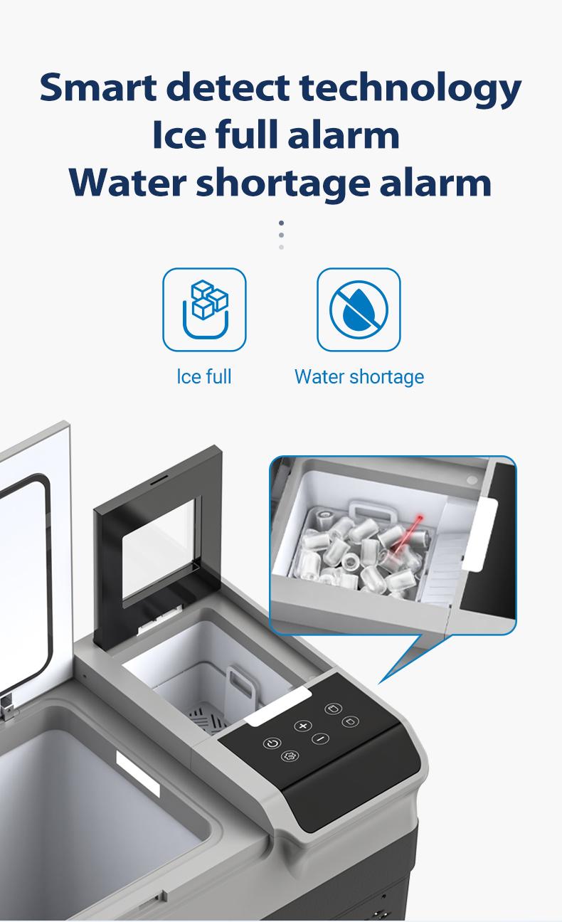 F1 Portable 12V Fridge with Built-in Ice Maker | 38L Compressor Freezer with Solar Charging 7 Automatic cleaning function interface and smart detection sensors for ice full and water shortage