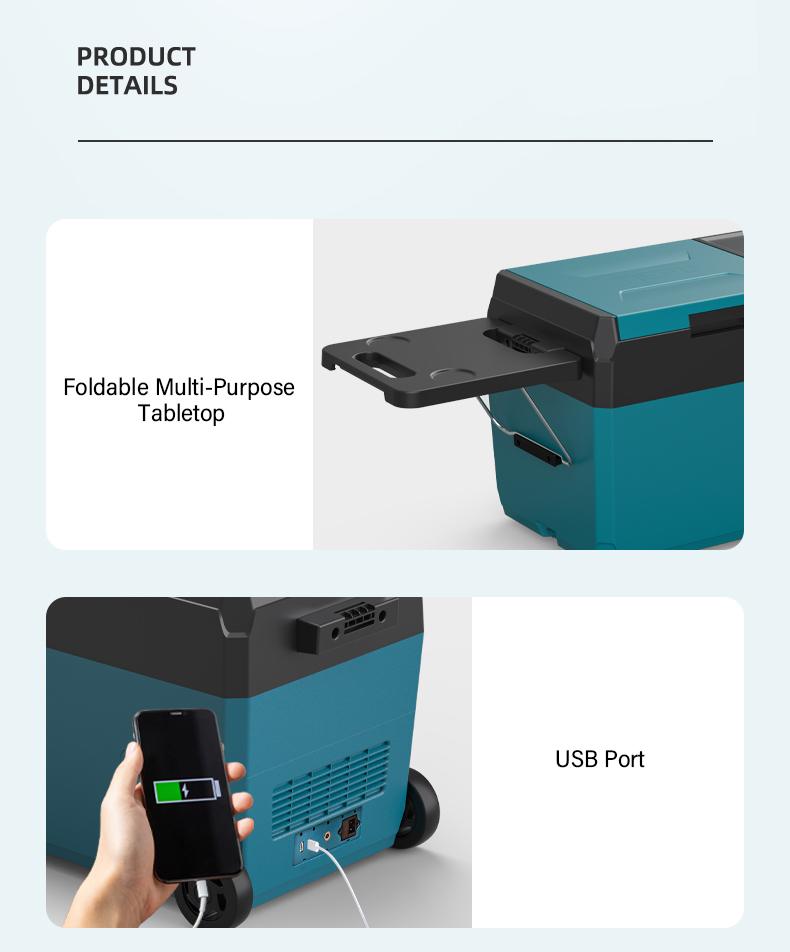 F2 Dual-Battery Portable Fridge | 22L Compact Freezer with Tool Battery Compatibility 7 Detail shot of the foldable multi-purpose tabletop extended from the side of the portable fridge