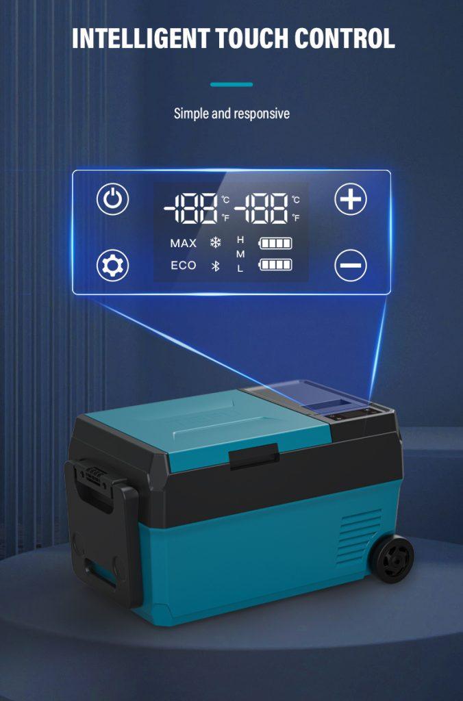 F2 Dual-Battery Portable Fridge | 22L Compact Freezer with Tool Battery Compatibility 8 Digital touch control panel interface and interior view showing built-in LED light