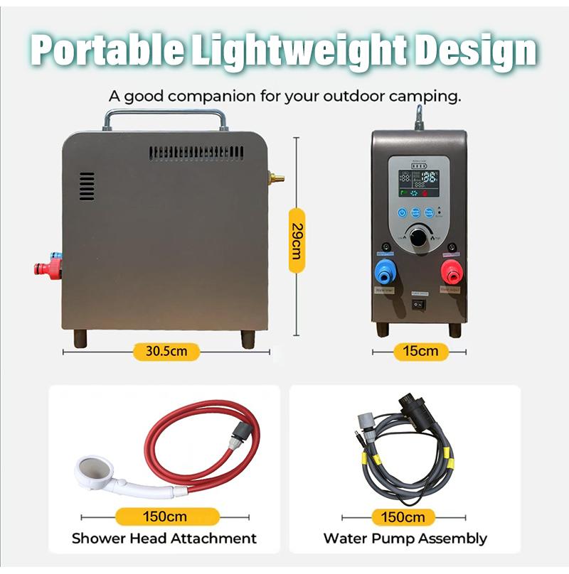 GWH-3 Compact Portable Gas Water Heater | Budget-Friendly 20k BTU Camping Shower 7 Dimensions diagram of the GWH-3 water heater showing its ultra-compact size of 30.5cm x 29cm and lightweight 6.3kg build.