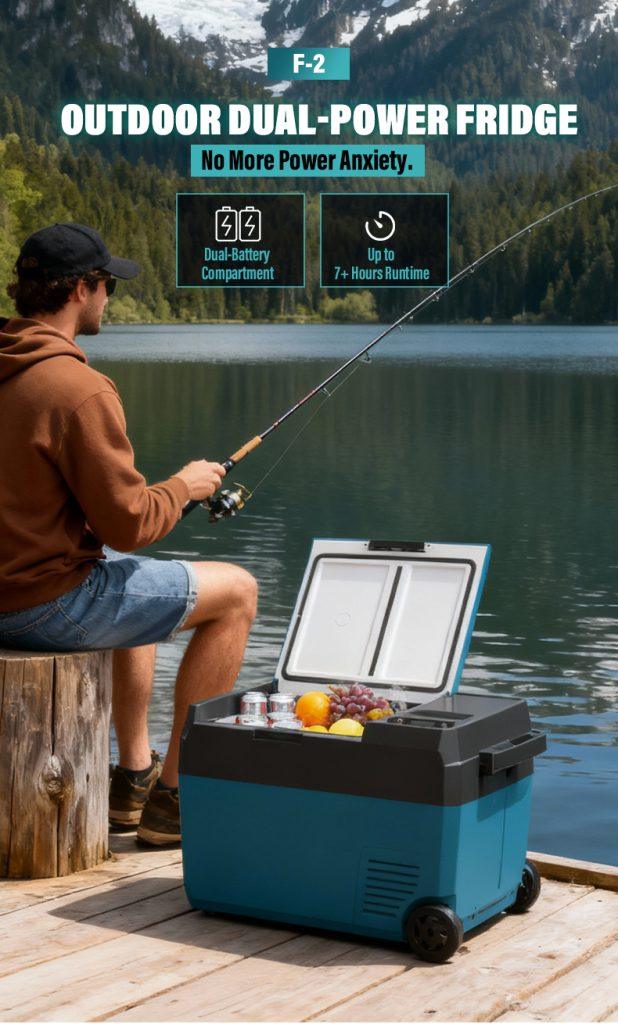 F2 Dual-Battery Portable Fridge (29L) | Hybrid Power Freezer with Tool Battery Support 6 F2 29L portable fridge dual battery compartment with lithium and tool battery slots