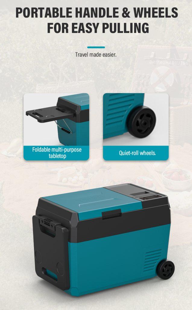 F2 Dual-Battery Portable Fridge (29L) | Hybrid Power Freezer with Tool Battery Support 9 F2 29L portable fridge with wheels and handle for easy transport