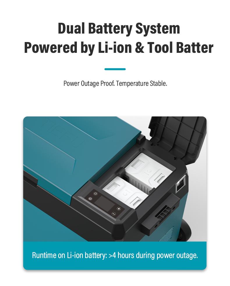F2 Dual-Battery Portable Fridge | 22L Compact Freezer with Tool Battery Compatibility 6 F2 portable fridge dual battery compartment showing slots for lithium-ion and power tool batteries
