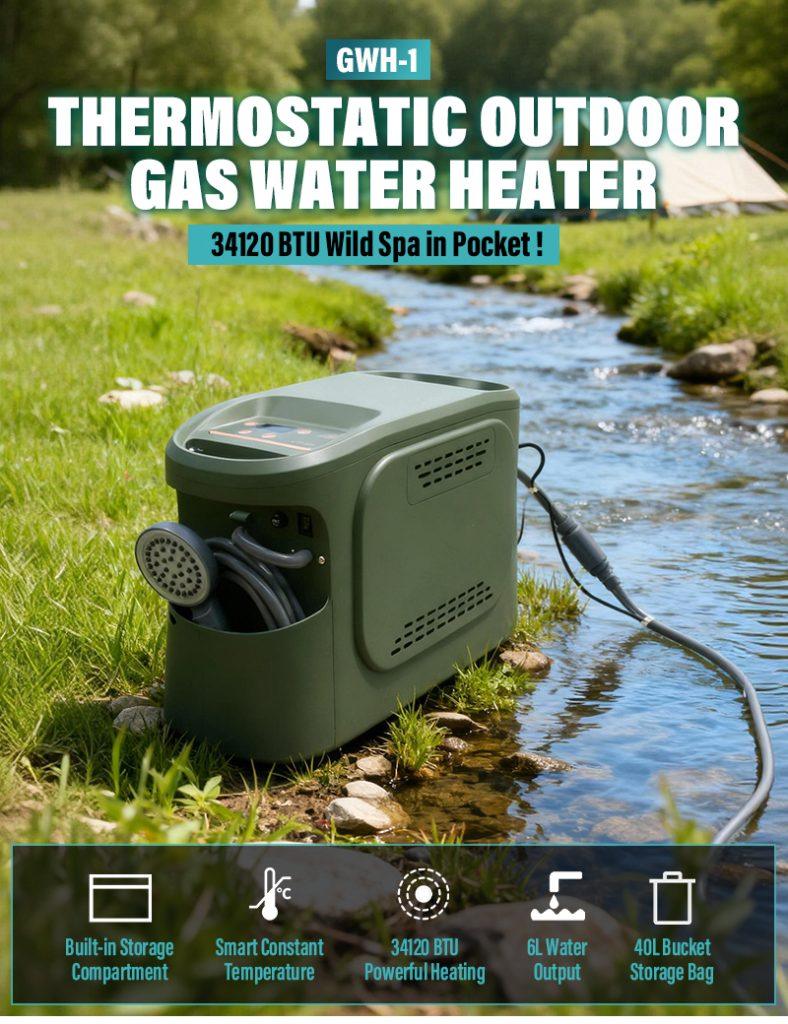 GWH-1 Thermostatic Portable Gas Water Heater | 6L Smart Camping Shower with Built-in Hose Storage 8 GWH-1 thermostatic water heater placed by a river, showcasing its sleek green housing and compact Wild Spa in Pocket design.