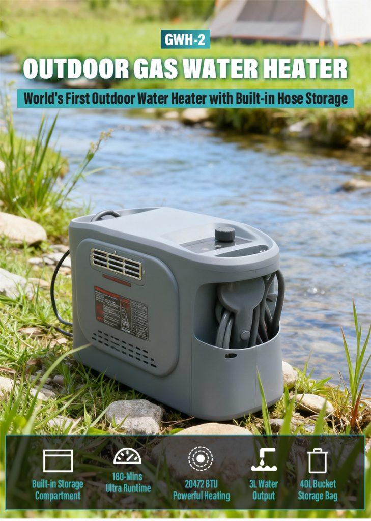 GWH-2 Knob-Adjustable Portable Gas Water Heater | 3L/min Compact Camping Shower with Integrated Storage 8 GWH-2 outdoor gas water heater showing the unique built-in storage compartment for hose and pump organization.