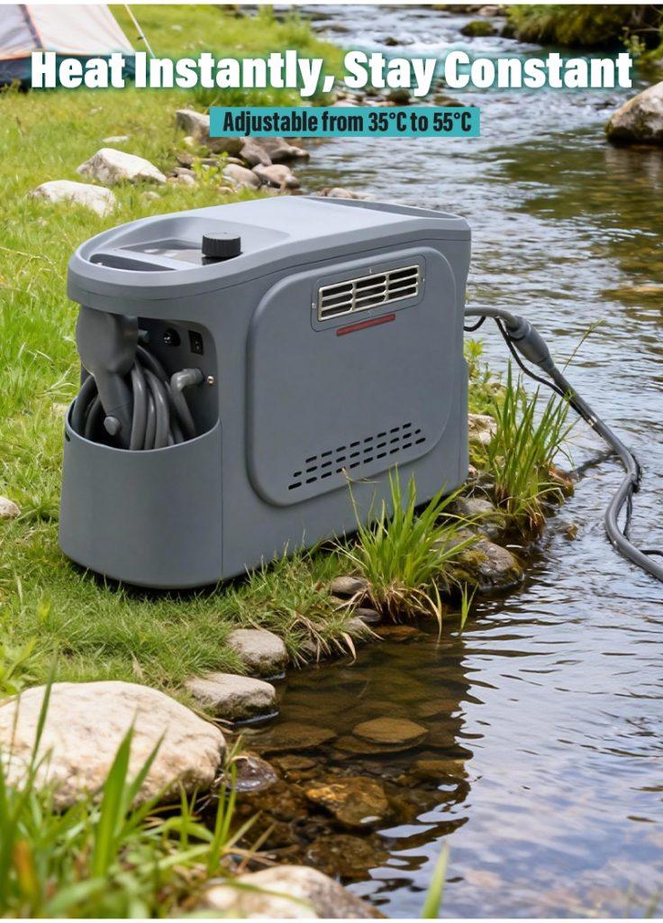 GWH-2 Knob-Adjustable Portable Gas Water Heater | 3L/min Compact Camping Shower with Integrated Storage 7 GWH-2 portable water heater with knob control, showing digital temperature display and instant heating capability in a stream setting.
