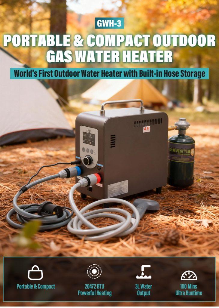 GWH-3 Compact Portable Gas Water Heater | Budget-Friendly 20k BTU Camping Shower 6 GWH-3 portable water heater in an autumn forest setting, highlighting its compact design and compatibility with propane gas canisters.