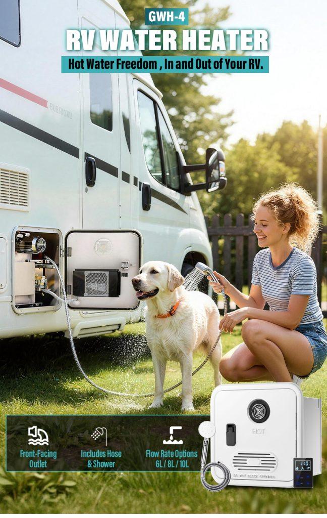 GWH-4 RV Tankless Gas Water Heater | 65,000 BTU On-Demand System (CSA Certified) 6 GWH-4 RV water heater installed on a vehicle, showing a woman washing a dog outside using the front-facing shower outlet.
