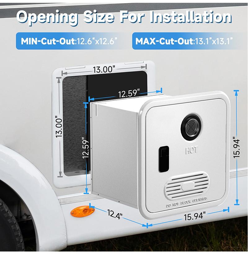 GWH-4 RV Tankless Gas Water Heater | 65,000 BTU On-Demand System (CSA Certified) 9 Installation diagram showing the GWH 4 cut out dimensions 12.6 x 12.6 compatible with standard RV heater openings
