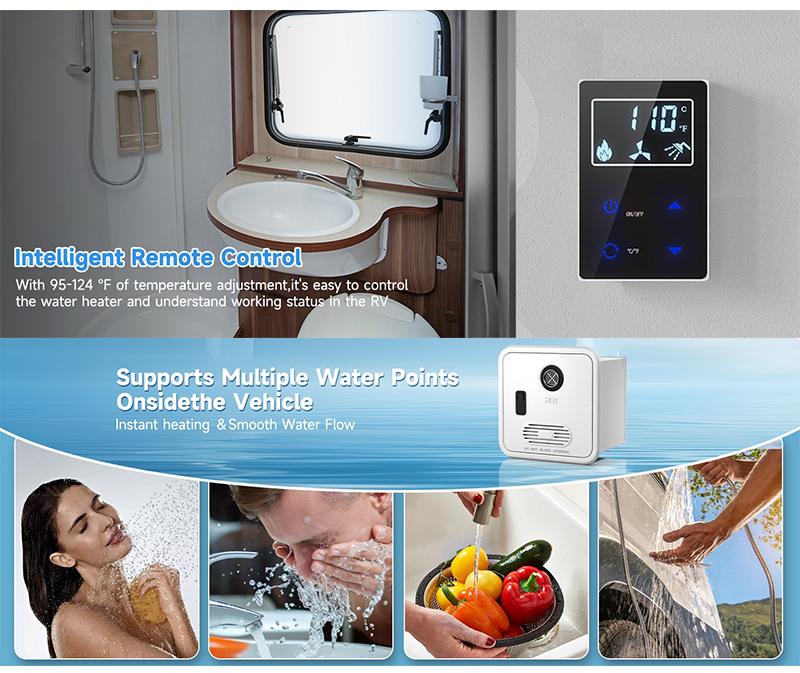 GWH-4 RV Tankless Gas Water Heater | 65,000 BTU On-Demand System (CSA Certified) 8 Intelligent remote control panel for GWH 4 installed in an RV bathroom showing digital temperature readout