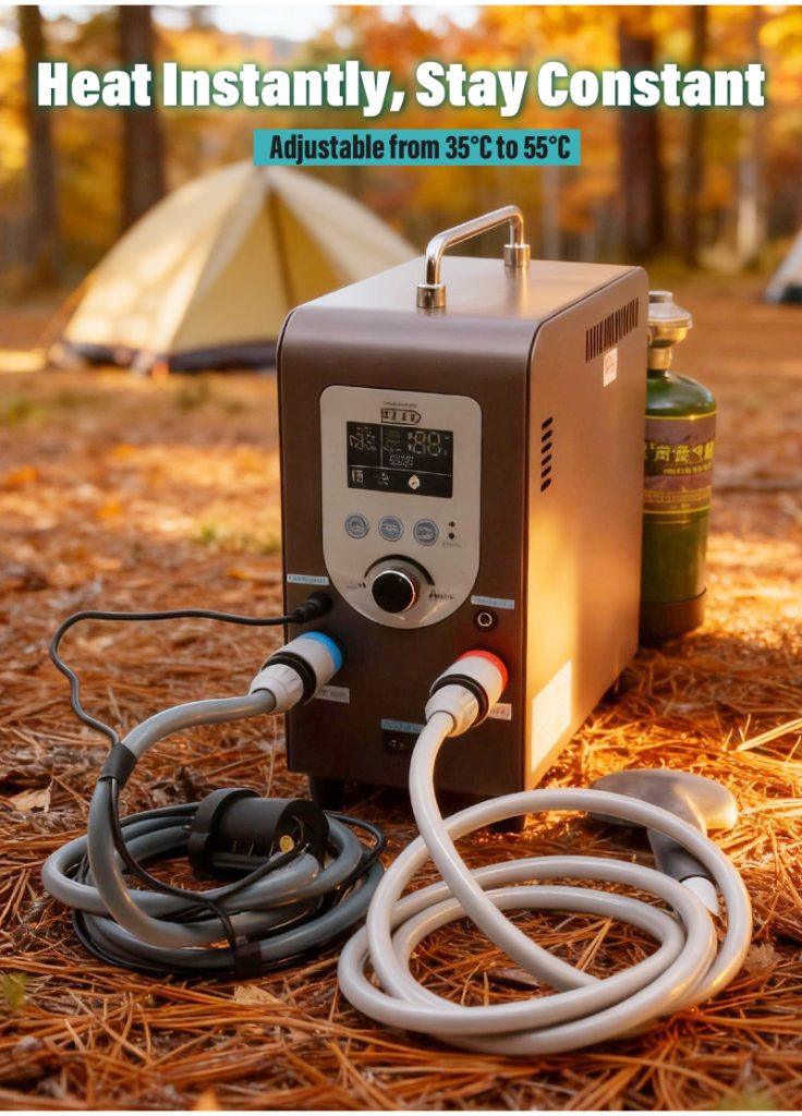 GWH-3 Compact Portable Gas Water Heater | Budget-Friendly 20k BTU Camping Shower 8 Mother and daughter using the GWH 3 camping shower outdoors demonstrating the safe and adjustable hot water flow