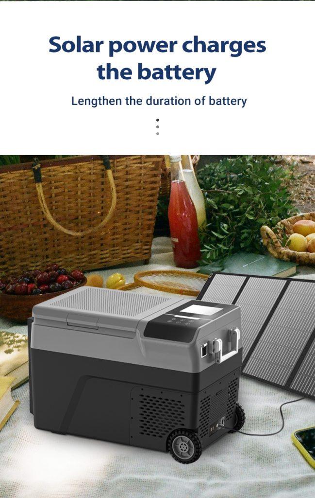 F1 Portable 12V Fridge with Built-in Ice Maker | 38L Compressor Freezer with Solar Charging 5 Portable fridge charging via solar panel and removable lithium battery diagram