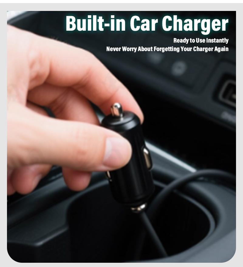 GWH-2 Knob-Adjustable Portable Gas Water Heater | 3L/min Compact Camping Shower with Integrated Storage 10 Split image showing GWH-2 charging options built-in 12V car charger cable and Type-C fast charging port.