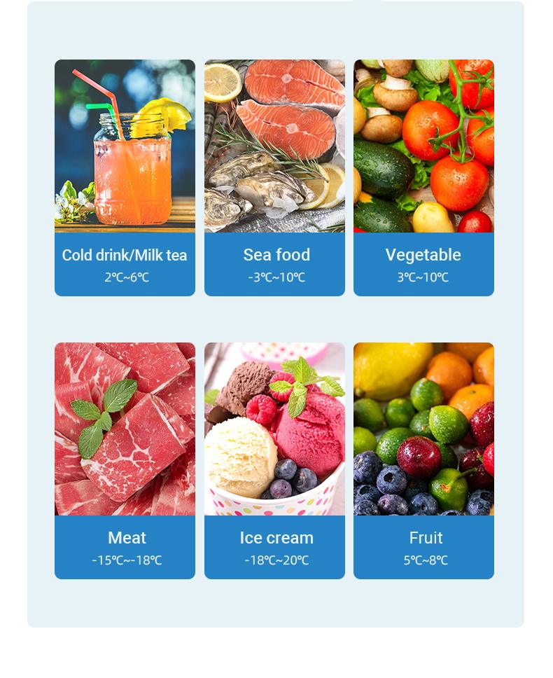 F1 Portable 12V Fridge with Built-in Ice Maker | 38L Compressor Freezer with Solar Charging 6 Temperature guide for portable fridge showing settings for meat seafood vegetables and drinks