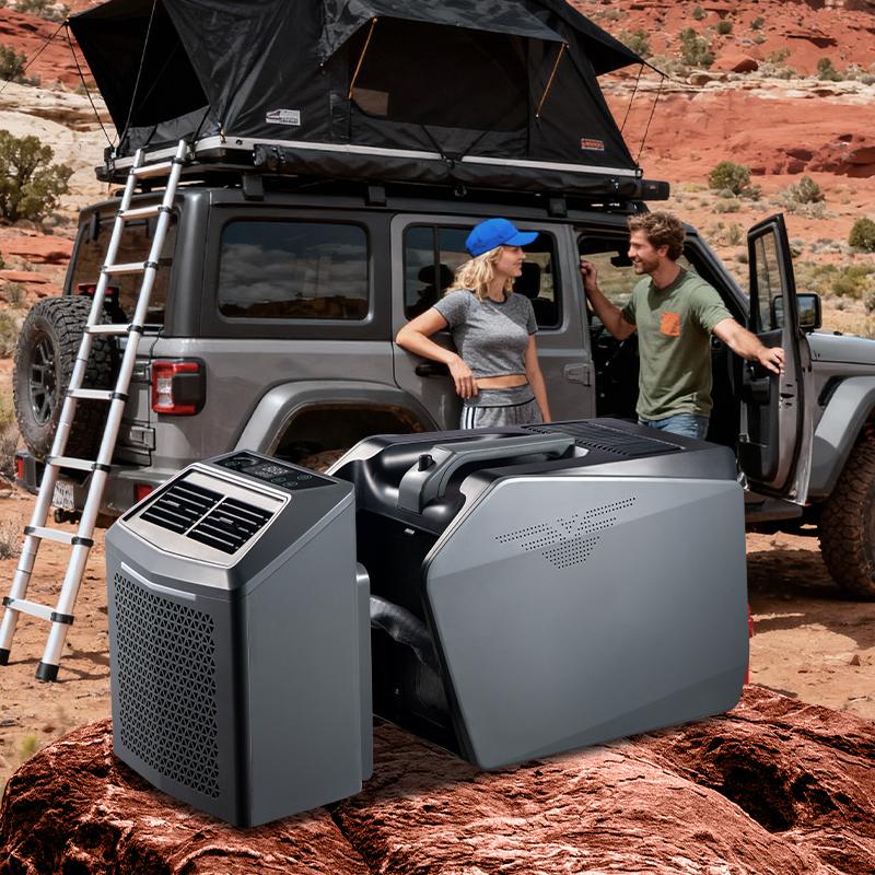 AC2 Pro Split-Type Outdoor Air Conditioner | 6200 BTU "The Beast" Inverter Cooling Unit 2 AC2 Pro split-type outdoor air conditioner "The Beast" displayed in an overlanding setup, highlighting its upgraded 6200 BTU cooling capacity for extreme climates.