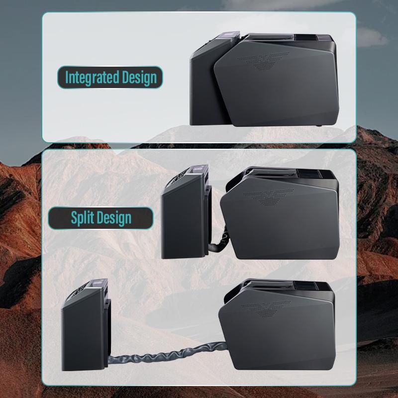 AC2 Split-Type Portable Air Conditioner | 5500 BTU Outdoor Cooling Unit (110V-220V) 2 Side view comparison of the AC2 portable air conditioner, demonstrating the transformation from integrated storage mode to split operating mode with 3-speed airflow control.