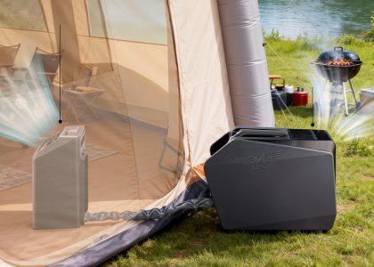 Diagram illustrating the AC2's cold-hot separation technology, showing the indoor unit circulating cold air inside the tent while the outdoor unit exhausts heat externally.