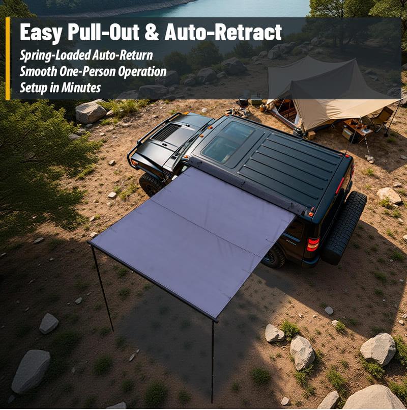 Close-up of retractable car awning utilizing auto-roll spring mechanism for instant setup.