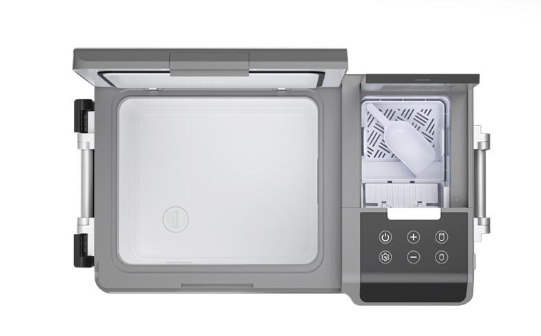 F1 Portable 12V Fridge with Built-in Ice Maker | 38L Compressor Freezer with Solar Charging 2 Interior view of F1 portable fridge with both lids open, showcasing the spacious 38L main storage compartment alongside the 1.2L ice maker basket and water tank area.