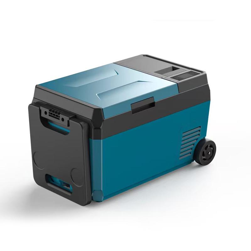 F2 Dual-Battery Portable Fridge (29L) | Hybrid Power Freezer with Tool Battery Support 1 Main view of the F2 29L portable dual-battery fridge freezer, showing its rugged design, digital control panel, and durable wheels, suitable for outdoor adventures.