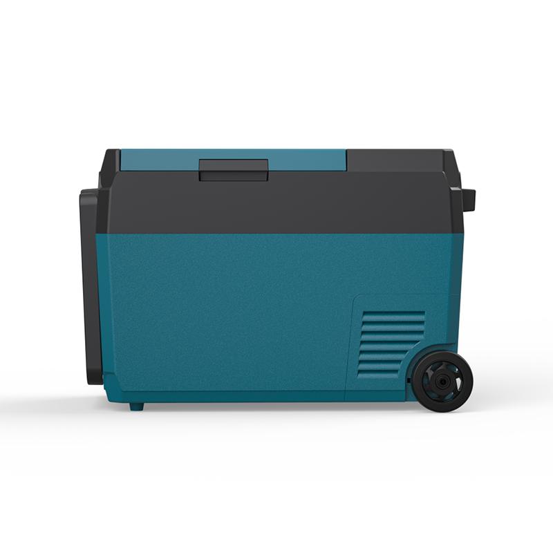 F2 Dual-Battery Portable Fridge (29L) | Hybrid Power Freezer with Tool Battery Support 3 Side profile view of the F2 29L portable freezer, emphasizing its compact design, heavy-duty wheels, and retractable pull handle for easy mobility.