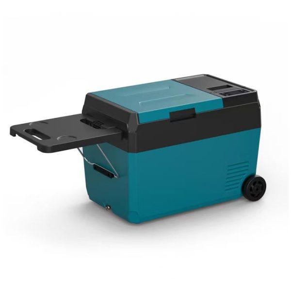 Foldable multi-purpose tabletop extended from the portable fridge handle.