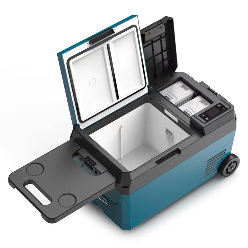 F2 Dual-Battery Portable Fridge | 22L Compact Freezer with Tool Battery Compatibility 2 Detail view of dual battery compartment showing slots for lithium ion and standard power tool batteries.