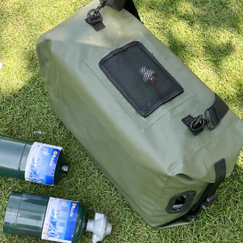 GWH-1 Thermostatic Portable Gas Water Heater | 6L Smart Camping Shower with Built-in Hose Storage 4 The GWH-1 portable gas water heater shown in its compact retail packaging, illustrating its portability and readiness for B2B distribution and shipping.