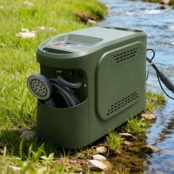 GWH-1 thermostatic portable gas water heater displayed on riverside grassland, showcasing its sleek design suitable for outdoor camping and off-grid use.