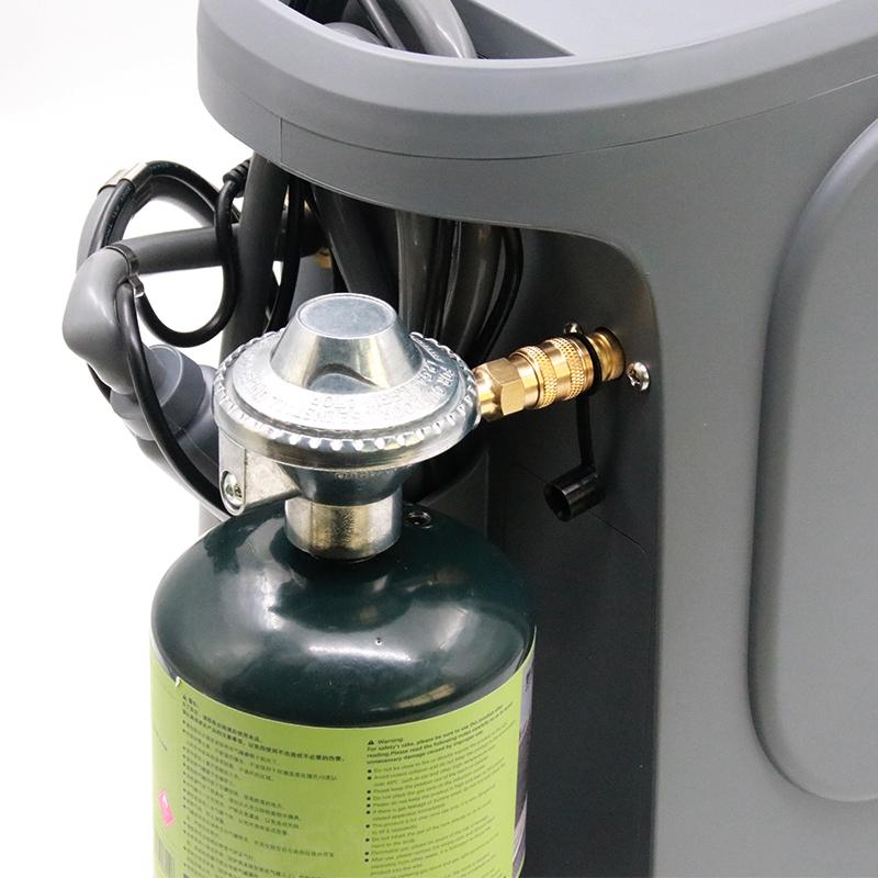 GWH-2 Knob-Adjustable Portable Gas Water Heater | 3L/min Compact Camping Shower with Integrated Storage 5 Close-up view of the gas cylinder connection on the GWH-2, illustrating compatibility with standard propane tanks and high-altitude gas canisters.