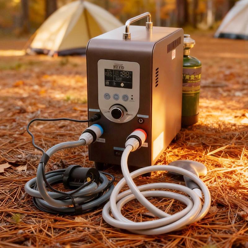 GWH-3 Compact Portable Gas Water Heater | Budget-Friendly 20k BTU Camping Shower 2 Studio product view of the GWH-3 compact portable gas water heater, featuring mechanical knob control and a digital display designed for budget-friendly camping setups.
