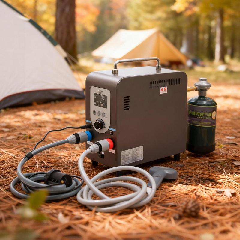 GWH-3 Compact Portable Gas Water Heater | Budget-Friendly 20k BTU Camping Shower 1 Side profile view of the GWH-3 camping shower, highlighting its ultra-slim 150mm depth and lightweight 6.3kg design optimized for easy transport and hiking.