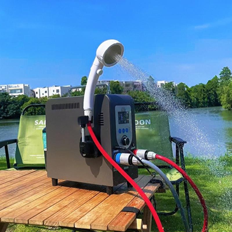 GWH-3 Compact Portable Gas Water Heater | Budget-Friendly 20k BTU Camping Shower 3 Outdoor usage scenario showing a user enjoying an instant hot shower with the GWH-3, demonstrating its steady 3L/min water flow and rapid 5-second heating speed.