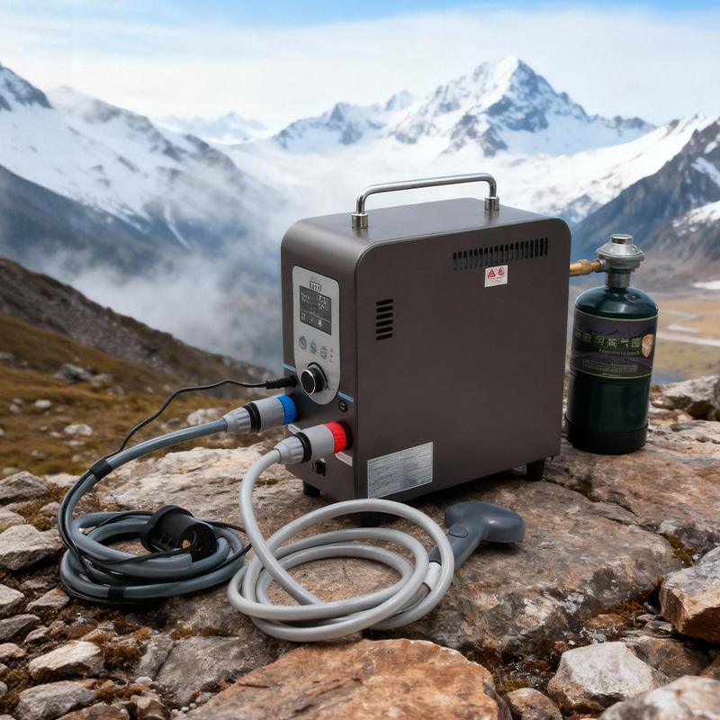 GWH-3 Compact Portable Gas Water Heater | Budget-Friendly 20k BTU Camping Shower 4 The GWH-3 portable gas heater set up in a scenic forest campsite, illustrating its portability and suitability for off-grid adventures and car camping.