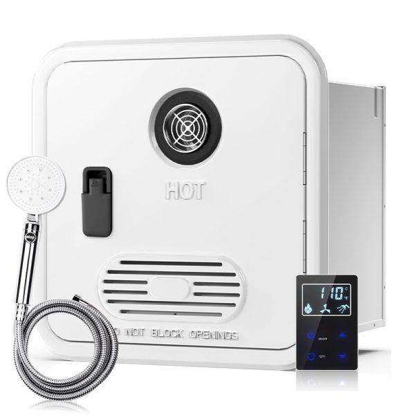 Front view of the GWH-4 RV tankless gas water heater with a clean white panel, featuring the unique front-facing shower outlet and digital control interface.