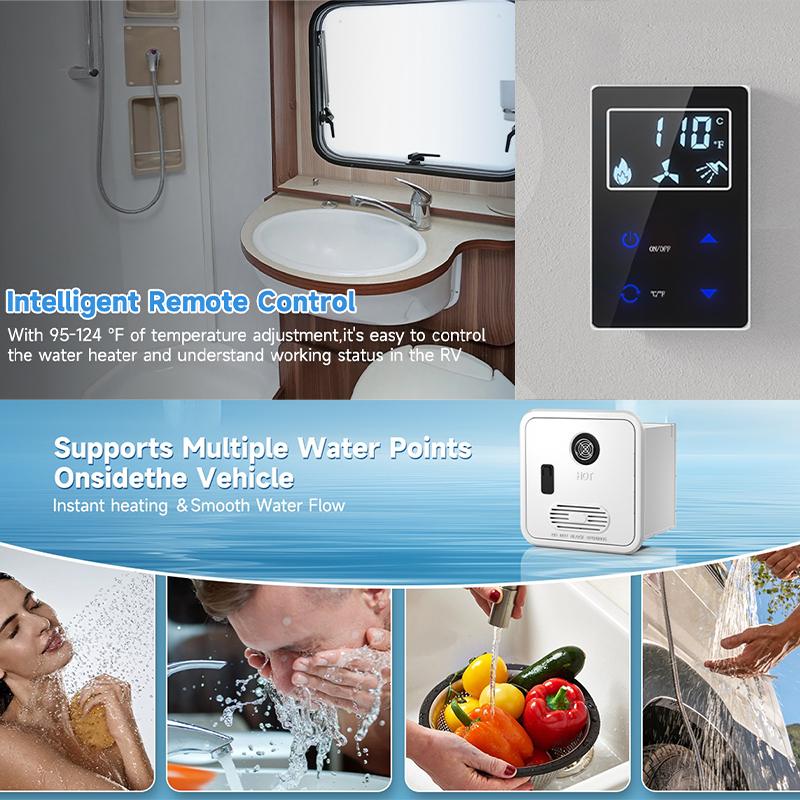 GWH-4 RV Tankless Gas Water Heater | 65,000 BTU On-Demand System (CSA Certified) 5 Collage showing the GWH-4 intelligent remote control panel alongside various usage scenarios, including RV camping, outdoor pet washing, and kitchen use.
