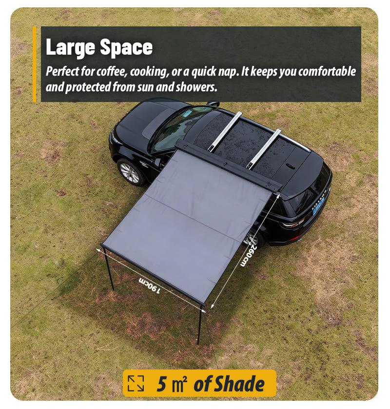 Top view diagram showing 5 sqm shade coverage of the lightweight retractable awning.