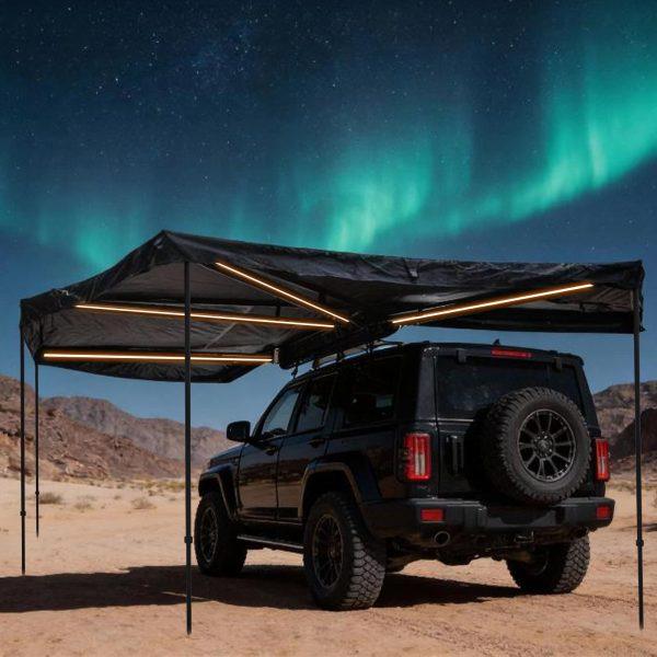 Night view of Everlead 360 Degree Car Awning. Features full-length LED light strips integrated into every arm, illuminating the entire campsite.