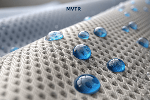 Microscopic view of a breathable tent membrane showing moisture vapor transmission (MVTR).