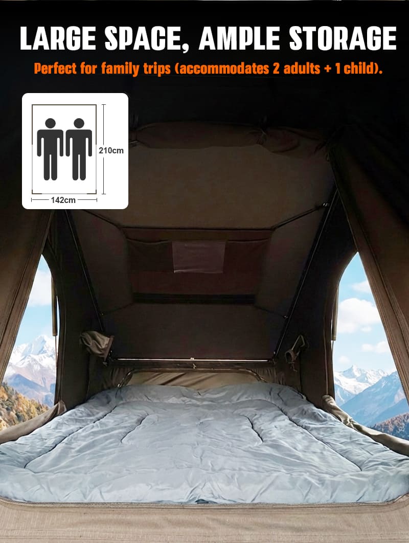 Large interior space of X-Frame rooftop tent for 2 adults + 1 child