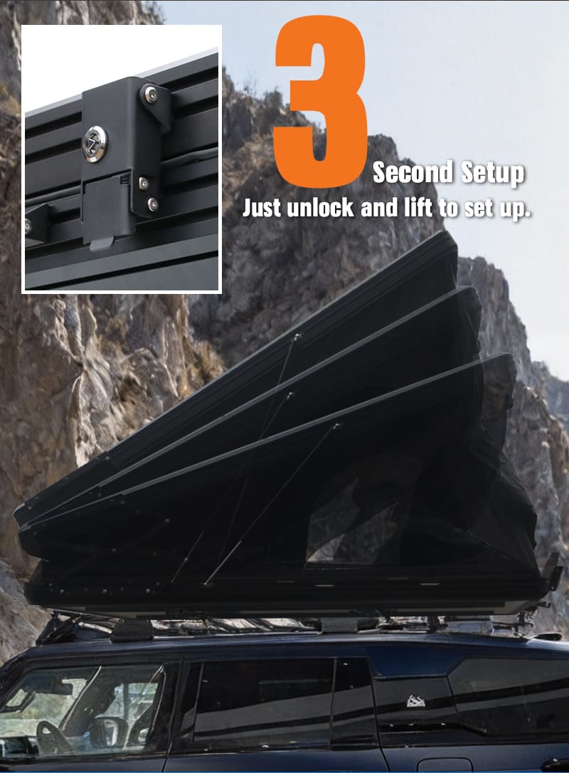 Easy second setup of X-Frame rooftop tent - just unlock and lift